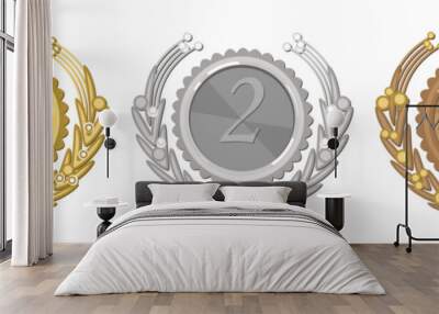 Three medals, icons, awards for the first, second and third place in a competition or championship. Gold, silver and bronze medal framed by a stylized laurel wreath. Vector set Wall mural