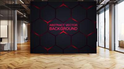 Dark red and black horizontal hexagonal technology abstract vector background. A futuristic wide banner with growing Purple energy flashes light under the hexagon. Vector. Wall mural