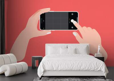 Taking a photo with a smartphone: a finger touches the mobile phone screen to capture the picture while pressing the camera button. Vector. Wall mural