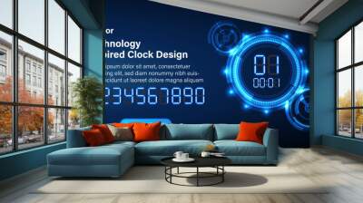 Title: Technology-inspired digital clock design. Futuristic technology background with a clock concept and a time machine. Rotatable clock hands, with dynamic visual effect. Vector. Wall mural