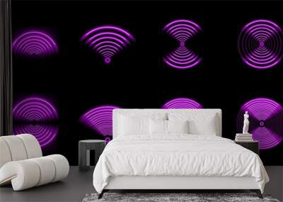 Wi-Fi light effect, purple glowing signal sensor waves internet wireless connection. Wireless wifi technology, digital radar, RFID, or sonar with glowing light effect. Vector. Wall mural