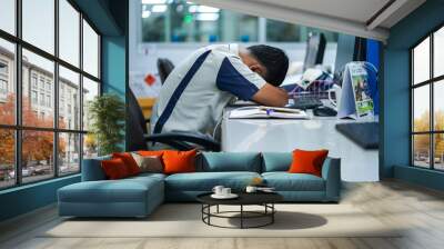 Salary man is sleeping on the desk after working hard. Officer is NAP in working time. Wall mural