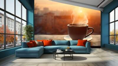 Delicious cup of hot steaming coffee at morning time Wall mural