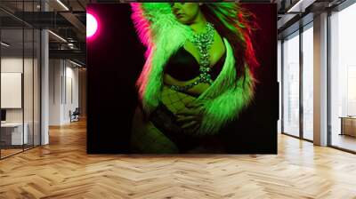 Curvy alternative model with colored hair and fur coat and fishnets under green and pink lighting Wall mural