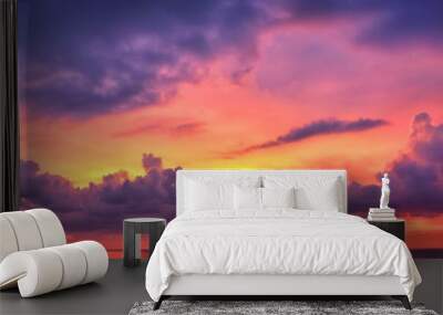 Phuket beach sunset, colorful cloudy twilight sky reflecting on the sand gazing at the Indian Ocean, Thailand, Asia. Wall mural