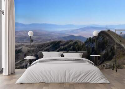 Rocky Mountain Wasatch Front peaks, panorama landscape view from Butterfield canyon Oquirrh range by Rio Tinto Bingham Copper Mine, Great Salt Lake Valley in fall. Utah, United States. Wall mural