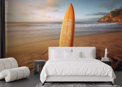 sunset on the beach with surfboard in sand Wall mural