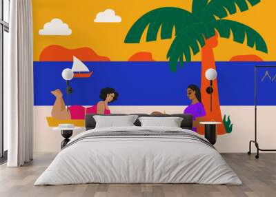 Illustration of two women reading at the beach Wall mural