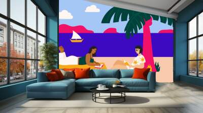 Illustration of two women reading at the beach Wall mural