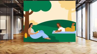 Illustration of two women reading at the park Wall mural