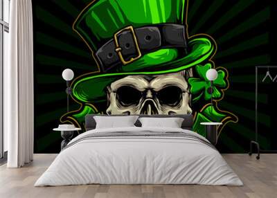 skull with green hat and four leaf clover for St patrick day hand drawn vector Wall mural