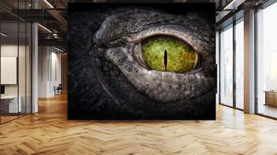 Scary eye of a crocodile. Green eye close up. Wall mural