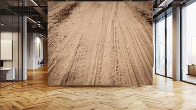 Selective blur on a tire track on a sand, traces of tyres and wheels of cars and vehicles driving off road on a dirt path, a sandy trail on a beach or a desert. Wall mural