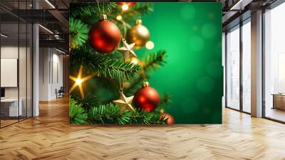 Close-up of a Christmas tree decorated with beautiful ornaments and glowing lights, on a colorful background. A festive christmas atmosphere. Wall mural