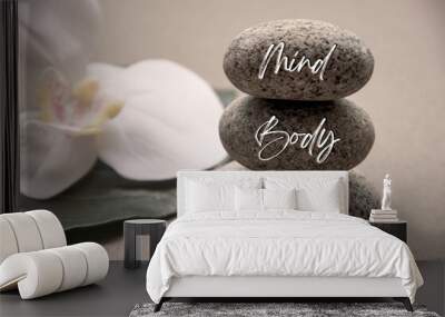 Mind, Body and Soul words engraved on zen stones with space for text. Health life concept. Wall mural