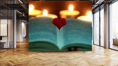 Red heart shape on Holy Bible with customizable space for text or ideas. Copy space and religion concept. Wall mural