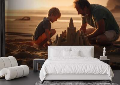 Father and son share laughter building sandcastles generated by AI Wall mural