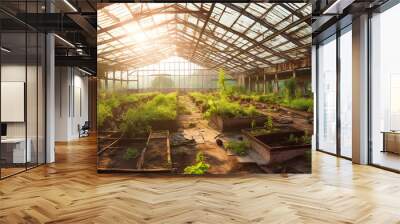 Fresh organic vegetables grown indoors in a modern greenhouse factory generated by AI Wall mural