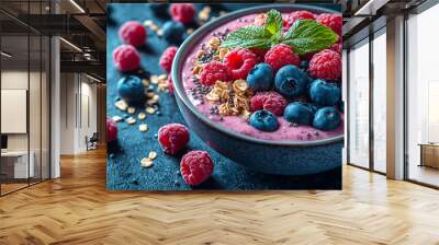 Fresh raspberry yogurt parfait with granola and mint leaf generated by AI Wall mural