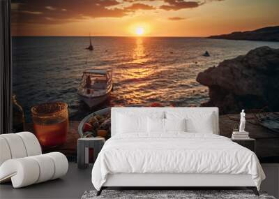 Fresh seafood meal on yacht at sunset generated by AI Wall mural