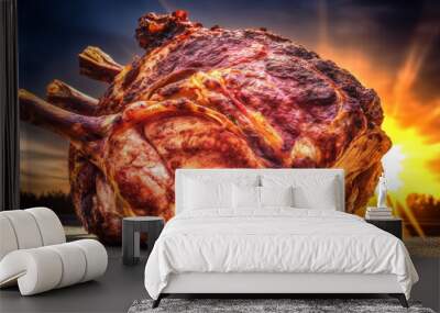 Grilled pork ribs, a flame grilled gourmet meal outdoors in nature generated by AI Wall mural