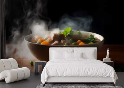 Healthy beef stew with fresh vegetables, steaming on rustic crockery generated by AI Wall mural