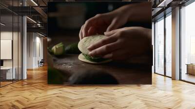 Homemade bread dough preparation on rustic wooden cutting board indoors generated by AI Wall mural