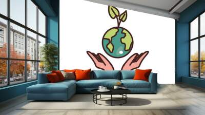 Isolated hands holding world with leaves fill style icon vector design Wall mural