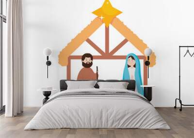 Nativity manger scene with Virgin Mary, Joseph and baby jesus, flat style Wall mural