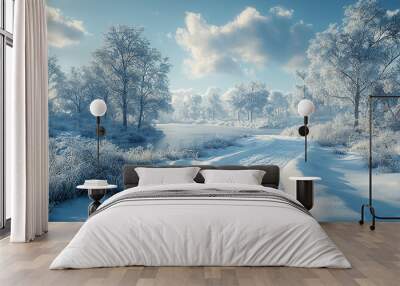 Snow covered tree in winter forest, beauty in nature generated by AI Wall mural