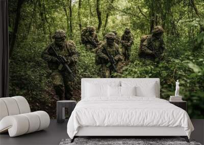 Special forces aim rifles in forest battlefield generated by AI Wall mural