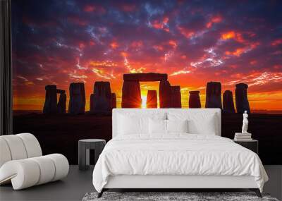 Sunset over ancient ruins, majestic stone age mystery generated by AI Wall mural