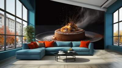 Sweet chocolate cheesecake slice on black crockery plate generative AI Wall mural