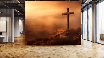 Hilltop cross with cityscape obscured by sandstorm. Wall mural