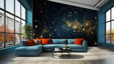 abstract blue and gold background with particles. golden dust light sparkle and star shape on dark endless space wallpaper. Christmas, new year's eve, cosmos theme. Shiny fantasy galaxy concept Wall mural