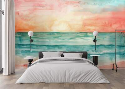 abstract ocean sunset blue orange watercolor background paint texture design. liquid water sky summer concept fluid organic shape. Wall mural