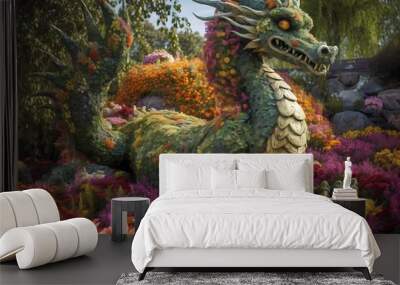 **A magical garden filled with colorful blooms and lush foliage, where a graceful dragon delicately balances on a bed of petals Wall mural