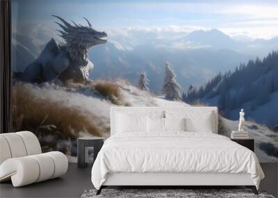 **A serene alpine meadow blanketed in snow, with a majestic dragon breathing frosty breath into the crisp mountain air Wall mural