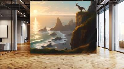 **A serene coastal cliff overlooking the vast ocean, where a majestic dragon basks in the warm sunlight Wall mural