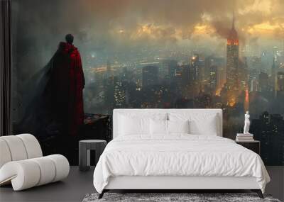 A mysterious masked vigilante perched atop a skyscraper, overlooking the bustling city below, cloak billowing in the breeze as they survey their domain Wall mural