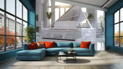 A pristine white grand piano with the lid open, showcasing its immaculate strings and hammers in a spacious music room. 32k, full ultra hd, high resolution Wall mural