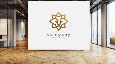 Lion Head Logo Design, lion head and star combination with gold colour, vector illustration Wall mural