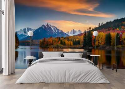 the best view of sun set between the mountains  behind the lake background and beautiful sun set Wall mural