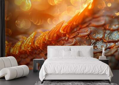 The intricate patterns of a dragon's scales illuminated by the golden light of dawn, casting shimmering reflections Wall mural