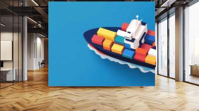 An illustration of a cargo ship navigating through the ocean, filled with colorful containers, representing global trade and logistics Wall mural