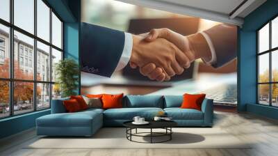 closeup of handshake symbolizes agreement and partnership in professional setting, highlighting trust and collaboration between two individuals Wall mural