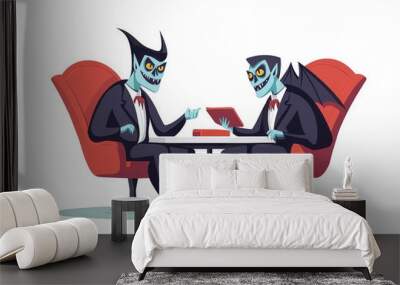 Friendly vampires discussing ideas while seated in stylish red chairs. Their playful expressions and unique features create whimsical atmosphere Wall mural