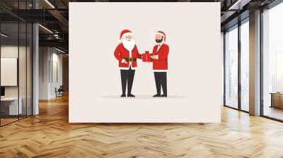 Two cheerful Santa characters exchange a beautifully wrapped gift, embodying the spirit of giving and holiday joy. Wall mural