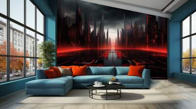 Futuristic cityscape with red glowing lights and a black geometric platform. Wall mural