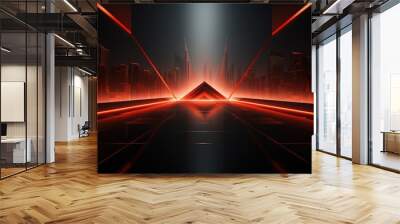 Futuristic cityscape with red glowing lights and a geometric platform. Wall mural